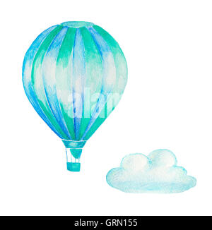 Aquarell handbemalt Heißluftballon und Cloud isoliert auf weiss Stockfoto