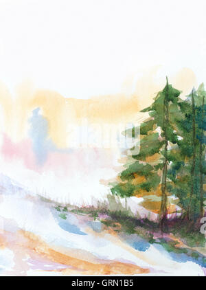 Winter Hintergrund mit Tannen und Schnee. handgemaltes Aquarell Abbildung Stockfoto