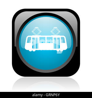 Straßenbahn glänzend schwarze und blaue quadratische Web-Symbol Stockfoto