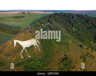 Luftaufnahme von einem weißen Kreide Pferd schneiden Sie in der Seite hoch und über Seaford, Sussex, in der South Downs National Park Stockfoto