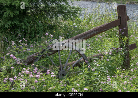 Eine alte Holzrad lehnt sich an eine alte Holztor mit Rasen bewachsen. Stockfoto
