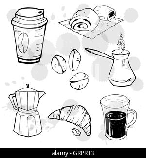 Kaffee, Tasse, Kaffee-Bohnen zu gehen. Langstieligen Kaffeemaschine. Gebäck. Doodle Elemente gesetzt. Design-Konzept. Vektor-Illustration. Stock Vektor