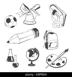 Zurück zur Schule Doodle Elemente gesetzt. Globus, Schulglocke mit Bogen Band, Palette und Pinsel, Buch, Stift, Rucksack. Freigestellte Objekte Stock Vektor