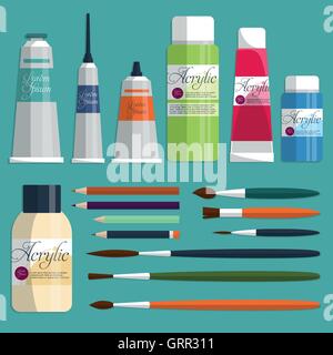 Große Sammlung Farben, Pinsel und Stifte auf dem Tisch. Vektor Stock Vektor