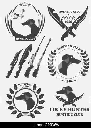 Satz von Jagd Retriever Logos, Etiketten und Abzeichen. Hund, Ente, Waffen. Vektor Stock Vektor