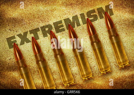 Sechs Kugeln und das Wort Extremismus auf Grunge Hintergrund Stockfoto