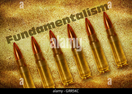 Sechs Kugeln und das Wort Fundamentalismus auf Grunge Hintergrund Stockfoto