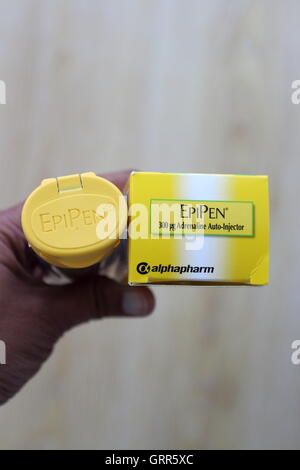 Schließen Sie herauf Bild der Erwachsenen EpiPen - Adrenalin-Injektion für Anaphylaxie Stockfoto