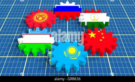 Shanghai Cooperation Organisation Mitglieder Nationalflaggen auf Zahnräder Stockfoto