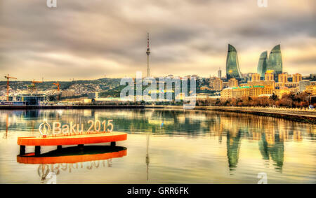 Emblem der "Baku-2015" European Games im Kaspischen Meer in der Nähe von Baku am 7. Januar 2016. Stockfoto