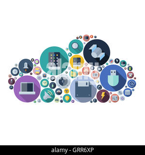 Symbole für Technologie und elektronischen Geräten in Cloud-Form angeordnet. Stockfoto