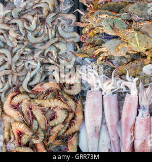 Meeresfrüchte - Krabben, Garnelen und Tintenfisch auf den Marktstand in Kota Kinabalu Stockfoto