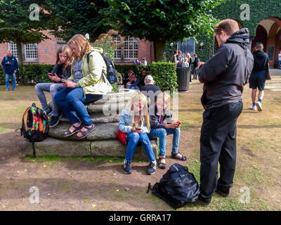 Kopenhagen, Dänemark, Gruppe dänischer Kinder, Die Im öffentlichen Park Das Smart-Phone-Spiel "Pokemon Go" spielen, Stockfoto