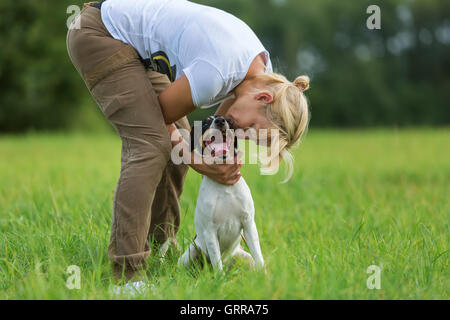 Frau ist ihr Parson Russell Terrier küssen. Stockfoto