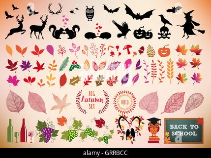 Herbst und Halloween Icons, zurück zur Schule, große Reihe von Vektor-Design-Elemente Stock Vektor