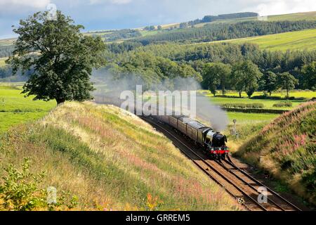 Flying Scotsman Dampflok Eingabe ein schneiden. Whitchester, Haltwhistle, Newcastle & Carlisle Railway, Northumberland, England. Stockfoto