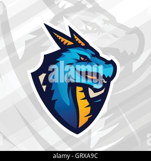 Drache auf Schild Sport Maskottchen Vorlage. Fußball oder Baseball Patch Design. College-Liga Insignien, Schule Team Vektor Stock Vektor