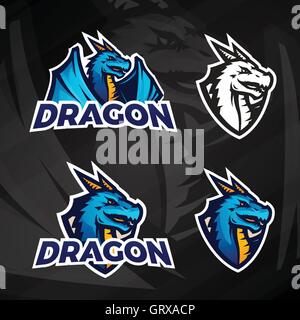 Kreative Drachen Logokonzept. Sport-Maskottchen-Design. College-Liga-Abzeichen, asiatische Biest Zeichen, Drachen Illustration, Schule Fußball Team Vektor auf dunklem Hintergrund Stock Vektor