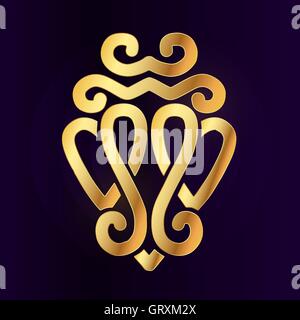 Gold Luckenbooth Brosche Vektor Gestaltungselement. Vintage schottischen zwei Heart Shape Symbol Logo-Konzept. Valentinstag oder Hochzeit Illustration auf lila Hintergrund Stock Vektor