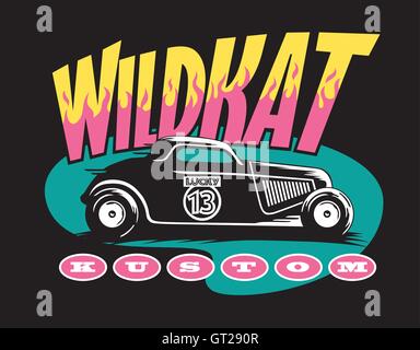 Wildkat Kustom Hot Rod Design. Cooles Retro-Logo mit Oldschool custom Auto und Schriftzug mit Flammen. Stock Vektor