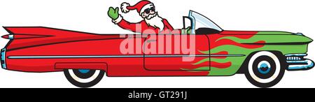 Santa Claus Weihnachten Cadillac-Vektor-Design. Santa kommt in die Stadt in ein Cabrio Cadillac mit grünen Flammen. Stock Vektor