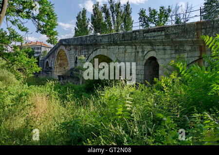 Mittelalterliche hundert Meter langen Stein Kadin Brücke zu bauen, über den Fluss Struma, Nevestino Dorf, Bulgarien Stockfoto