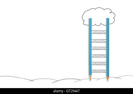 Konzept der Phantasie und Bildung. zwei Bleistifte Leiter bis zu den Wolken zu schaffen. isolierte Bild Stockfoto