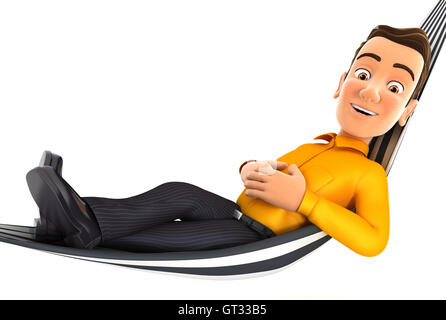 3D Mann zum Entspannen in der Hängematte, Abbildung mit isolierten weißen Hintergrund Stockfoto