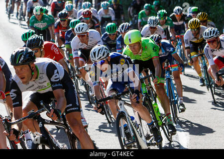 Bath, Großbritannien, 8. September 2016. Fahrer bei der Tour of Britain Rennen teilnahmen sind 4 km vor dem Ziel der Stufe 5 abgebildet, wie sie ihren Abfall in die Stadt Bath beginnen. 5. Etappe sah der Fahrer Rennen von Aberdare in Wales zum Bad durch Südwales und Gloucestershire überquert zu haben. Bildnachweis: Lynchpics/Alamy Live-Nachrichten Stockfoto