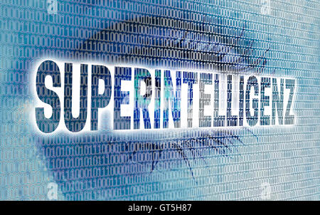 Superintelligenz (im deutschen super Intelligenz Auge) mit Matrix schaut Betrachter Konzept. Stockfoto