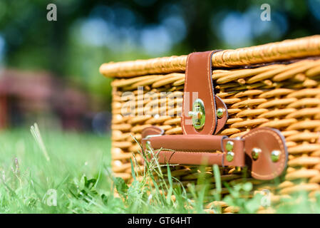 Korb Picknickkorb mit Ledergriff In Grasgrün Stockfoto