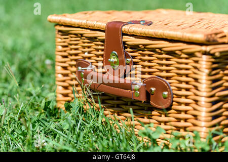 Korb Picknickkorb mit Ledergriff In Grasgrün Stockfoto