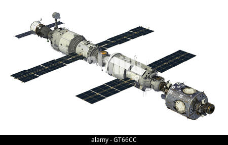 Internationale Raumstation auf weißem Hintergrund. 3D Illustration. Stockfoto