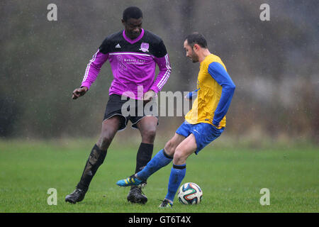 RL United (lila/schwarz) Vs Niva-Unistream - Hackney & Leyton Sonntag Fußball-Liga im Süden Marsh, Hackney Sümpfe, London - 23.11.14 Stockfoto