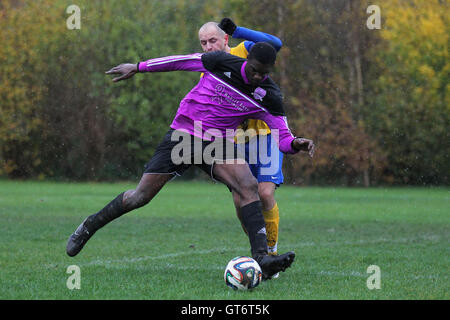 RL United (lila/schwarz) Vs Niva-Unistream - Hackney & Leyton Sonntag Fußball-Liga im Süden Marsh, Hackney Sümpfe, London - 23.11.14 Stockfoto