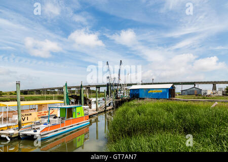 Garnelen, Fischen und Tour Boote auf einem Fluss durch ein Salz Wasser Sumpf zwischen Savanne und Tybee Island, Georgia Stockfoto