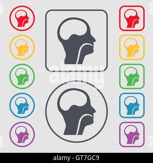 Kehlkopf, medizinische Ärzte HNO-Symbol Zeichen. Symbol auf der Runde und quadratische Tasten mit Rahmen. Vektor Stock Vektor