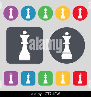 Schach Königin Symbol Zeichen. Ein Satz von 12 farbige Tasten. Flaches Design. Vektor Stock Vektor