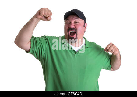 Gewinnen erwachsenen Mann erhöhen seinen Arm um den Sieg, betont Gefühl So guter Ausdruck. Isolated on White Background. Stockfoto