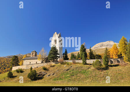 Kirche San Gian, Celerina/Schlarigna, Maloja, Kanton Graubünden, Schweiz Stockfoto