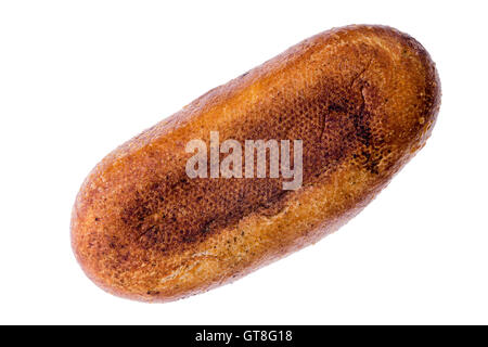 Unterseite des einen runden Laib frisch gebackenes Sauerteigbrot diagonal angeordnet auf einem weißen Hintergrund angezeigt Formular oben Stockfoto