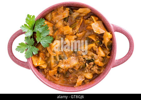 Ernährungsphysiologischen Kohlsuppe mit Boden Rindfleisch Hackfleisch und Gewürzen, garniert mit frischer Petersilie, serviert in einem rosa Schale für ein appetizi Stockfoto