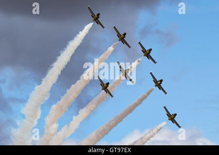 Das Breitling Jet Team, Aero l-39 Albatros Trainer fliegen machen eine Formation während einer Airshow in Hillsboro, Oregon zu übergeben. Stockfoto