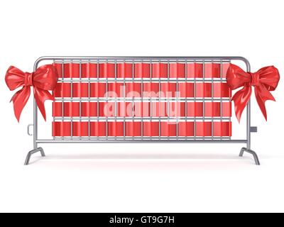 Stahl-Barrikaden mit Red Ribbon Bögen. Ansicht von vorne. 3D-Render Abbildung isoliert auf weißem Hintergrund Stockfoto