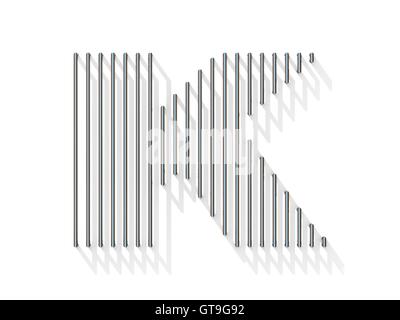 Silber, Stahldraht Schriftart. Buchstabe K mit vertikalen Schatten.  3D-Render Abbildung isoliert auf weißem Hintergrund Stockfoto