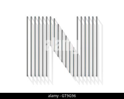 Silber, Stahldraht Schriftart. Buchstabe N mit vertikalen Schatten.  3D-Render Abbildung isoliert auf weißem Hintergrund Stockfoto