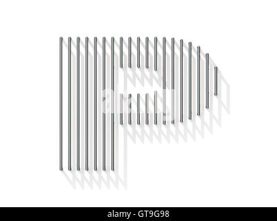 Silber, Stahldraht Schriftart. Buchstaben P mit senkrechte Schatten.  3D-Render Abbildung isoliert auf weißem Hintergrund Stockfoto