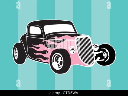 Klassische Hot-Rod-Vektor-Design. Vintage-Stil Auto mit rosa Flammen auf gestreiften Hintergrund. Stock Vektor