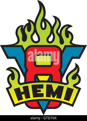 V8 Hemi Motor Logo Emblem mit Flammen und Banner. Stock Vektor