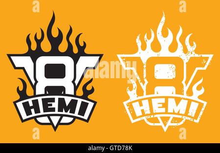 V8 Hemi Motor Emblem mit Flammen und Grunge-option Stock Vektor